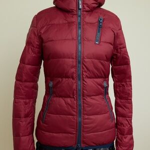 Down jacket, dark red, fitted cut